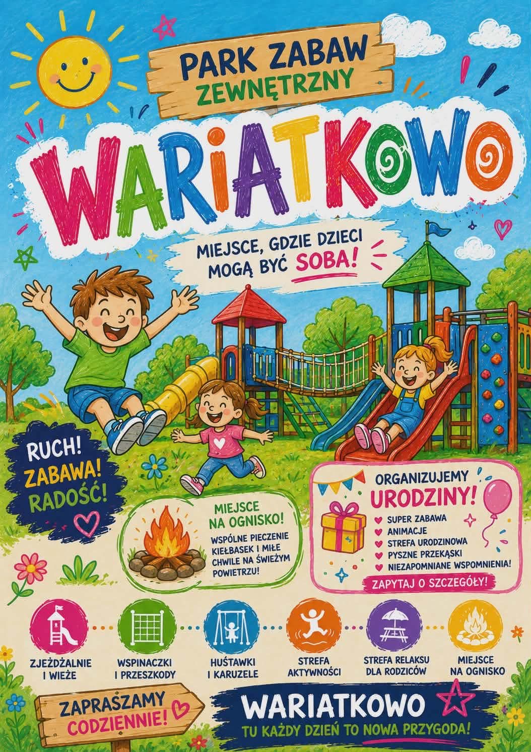 Plakat Wariatkowo - park zabaw zewnętrzny, atrakcje, urodziny i miejsce na ognisko